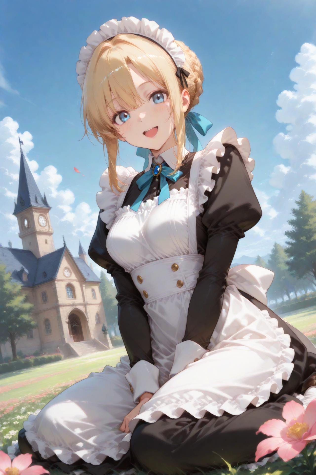 masterpiece, top quality, absurdres very aesthetic, general, intricate details, clean sharp thin outline, very awa, very as2, amazing quality, anime coloring,
1girl solo, cute maid, breasts, blonde multi-tied hair,ice blue eyes, kindly smile,:D, (victorian maid uniform), maid headdress, cute posing,
outdoors, (full blooming garden in castle), detailed beautiful background, dramatic angle, close-up, yokozuwari,