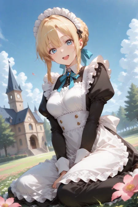 masterpiece, top quality, absurdres very aesthetic, general, intricate details, clean sharp thin outline, very awa, very as2, amazing quality, anime coloring,
1girl solo, cute maid, breasts, blonde multi-tied hair,ice blue eyes, kindly smile,:D, (victorian maid uniform), maid headdress, cute posing,
outdoors, (full blooming garden in castle), detailed beautiful background, dramatic angle, close-up, yokozuwari,