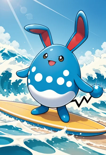 masterpiece, best quality,    <lora:AzumarillPokedexCardArt_IXL:0.8>,   zzAzumarill, smile, open mouth, standing, surfboard, surf, wave, motion lines,