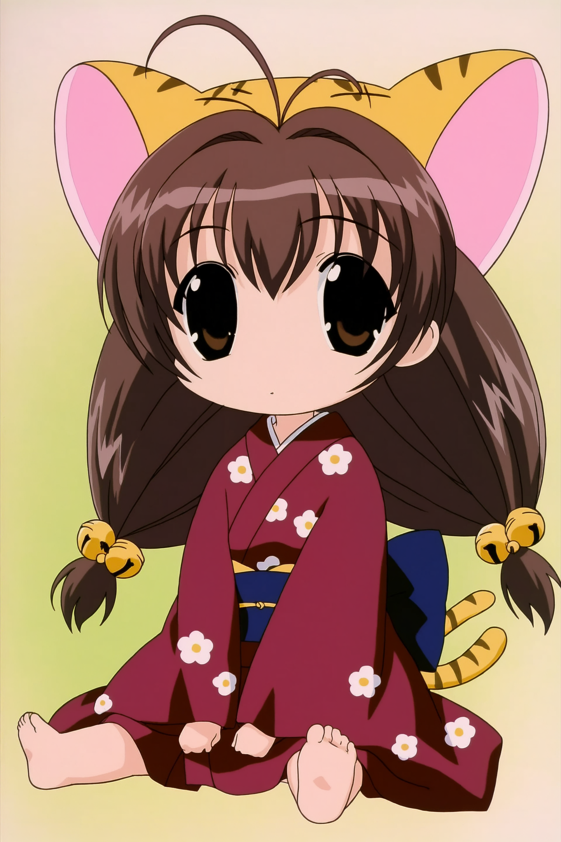 digicharat99, puchiko, 1girl, solo, long hair, brown hair, hair ornament, hat, animal ears, twintails, brown eyes, tail, cat ears, chibi, cat tail, bell, antenna hair, jingle bell, hair bell, animal hat, chibi only, looking at viewer, sitting, red kimono, japanese clothes, floral print, barefoot, 
very awa, masterpiece, best quality, absurdres, highres, 
