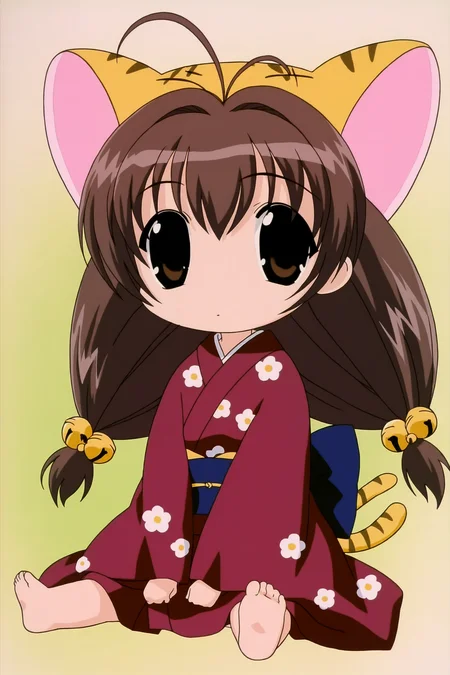 digicharat99, puchiko, 1girl, solo, long hair, brown hair, hair ornament, hat, animal ears, twintails, brown eyes, tail, cat ears, chibi, cat tail, bell, antenna hair, jingle bell, hair bell, animal hat, chibi only, looking at viewer, sitting, red kimono, japanese clothes, floral print, barefoot, 
very awa, masterpiece, best quality, absurdres, highres, 