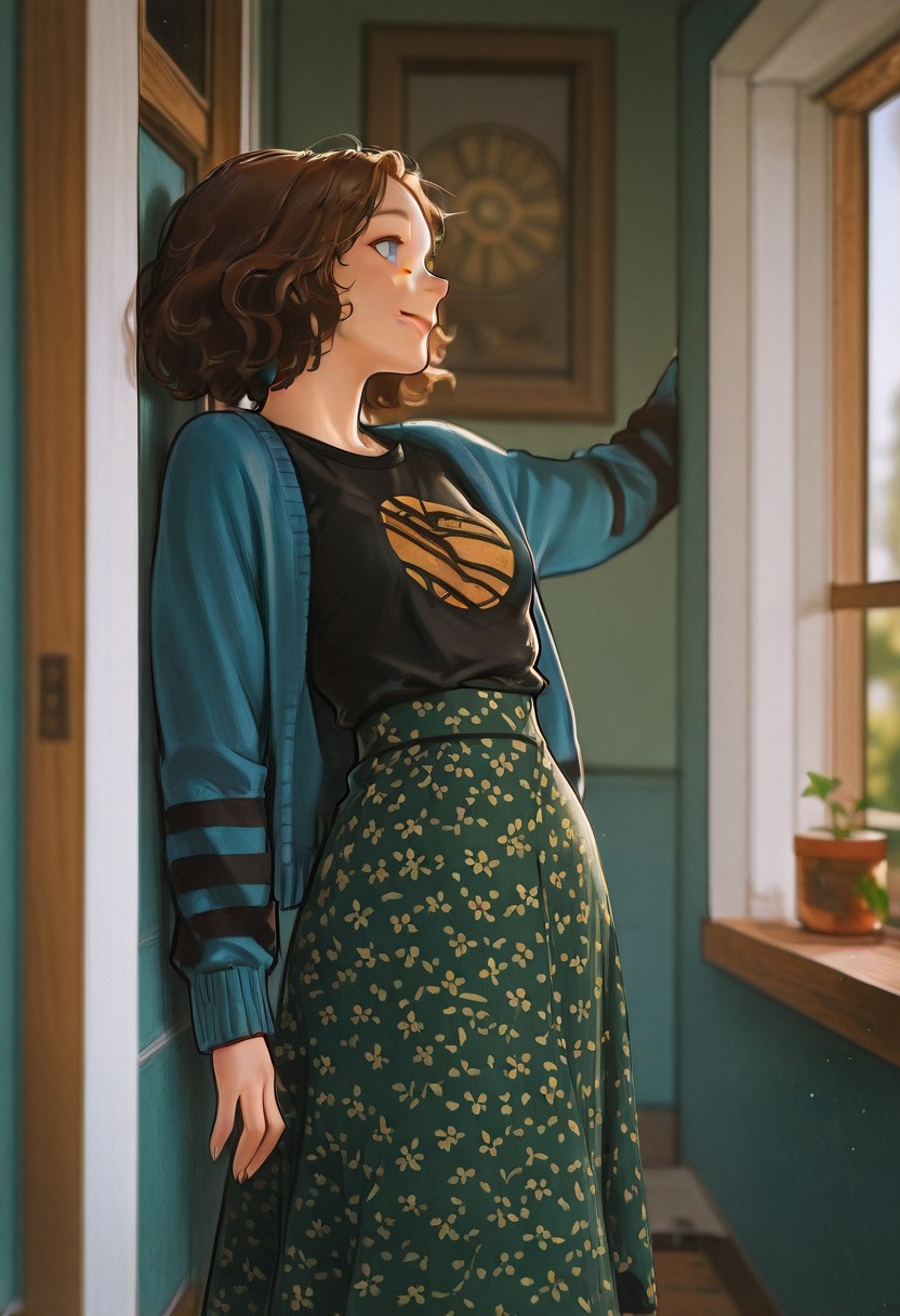 masterpiece, best quality, amazing quality, very aesthetic, absurdres, newest, scenery, anime coloring,
1girl, solo,NathMine, 1girl, short hair, wavy hair, brown hair, blue eyes,, blue cardigan, long sleeves cardigan, black stripes on cardigan sleeves,black t-shirt under cardigan, sun t-shirt,  sun symbol on t-shirt,  long skirt, floral skirt, green skirt, high-waist skirt,
,looking away, looking outside, looking out window, smile,   
breast,
leaning against wall, window frame, window sill,
large window, green hill, squared cows on background, plants, (depth of field, blurred background),
sidelighting, rim lighting, model,modeling,((Best Quality)) (masterpiece) (details),
anime-style, Art8st, masterpiece, best quality, highly detailed, anime style, color theory, anime-art,