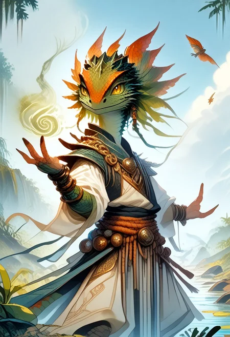 ((solo)), Lizard, Divinity: Original Sin 2, lizardfolk, prikkikiti, green skin, lizard tail, nostrils, Airmagmb, wind, Wind spiral, Windswept hair, anthro, furry, furry male, slim, slick, clever eyes, darting tongue, blue and gold skin, smooth skin, smooth scales, beautiful patterns, wearing a short vest, loose pants, rope belt, gold bracelets, big gold bracelets, glasses, striking a pose, smile, cheeky, Sky, cloud, leaf, outdoors, outside, bamboo forest, bamboo, pond, ducks, mandarin ducks, swan, sun, sunlight streaming through the leaves, extra detailed, intricate details