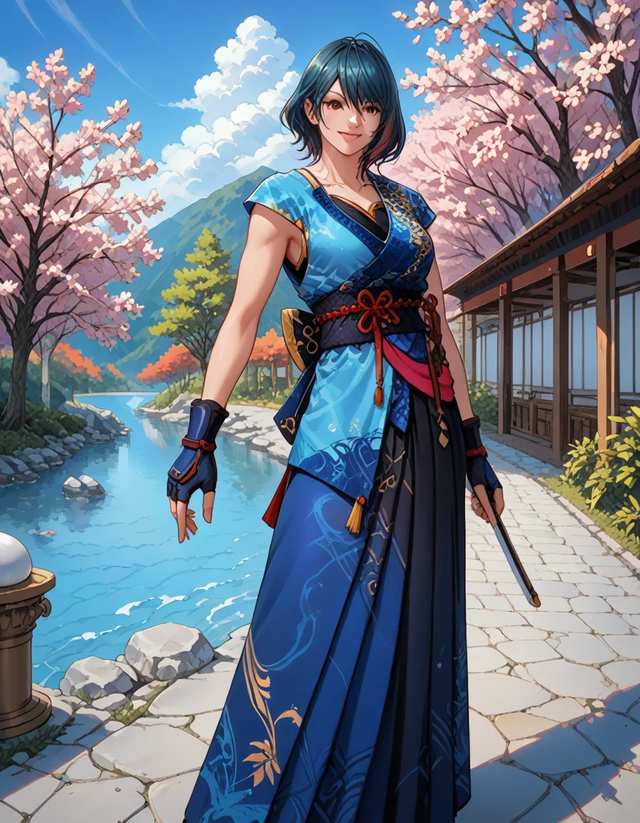 score_9, score_8_up, score_7_up, best quality, masterpiece, source_anime, BREAK
in japanese garden, 1girl, tamaki, multicolored hair, short hair, tamakiwildwind, tamakidefault, japanese clothes , hakama, tabi, gloves
, <lora:add-detail-xl:1> <lora:tamaki:1>, smile, happy, <lora:add-detail-xl:1> <lora:detail_eyes:0.5>, hair toss, tossing hair back, creating a dramatic and enticing effect