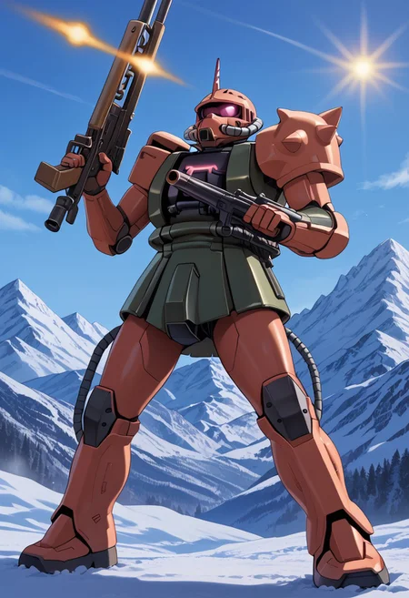 score_9, score_8_up, score_7_up, source_anime, cowboy shot, side view, BREAK, ( garma_zaku, pink monoeye, looking to the side, holding rifle in both hands, aiming to the side, firing rifle, muzzle flare, ) 1mech, mech focus, solo, BREAK, snow, ice, ice mountains, blue violet sky,