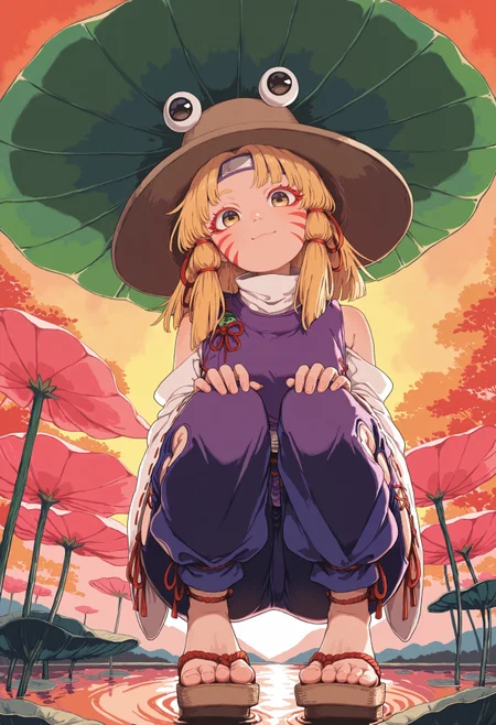 masterpiece, best quality, very aesthetic, highly detailed, detailed, absurdres, 1girl, solo, moriya suwako, forehead protector, horizontal_pupils, red eyeshadow, whisker markings, sennin mode, kunoichi outfit, shinobi, side cutout, straw sandals, beautiful eyes, thick eyelashes, squatting, lotus leaf, pond, morning, dawn, warm tone, high contrast, depth of field, detailed background, dynamic pose, wasabi_natsume_illu,abstract,surreal, from below, looking aside, close up