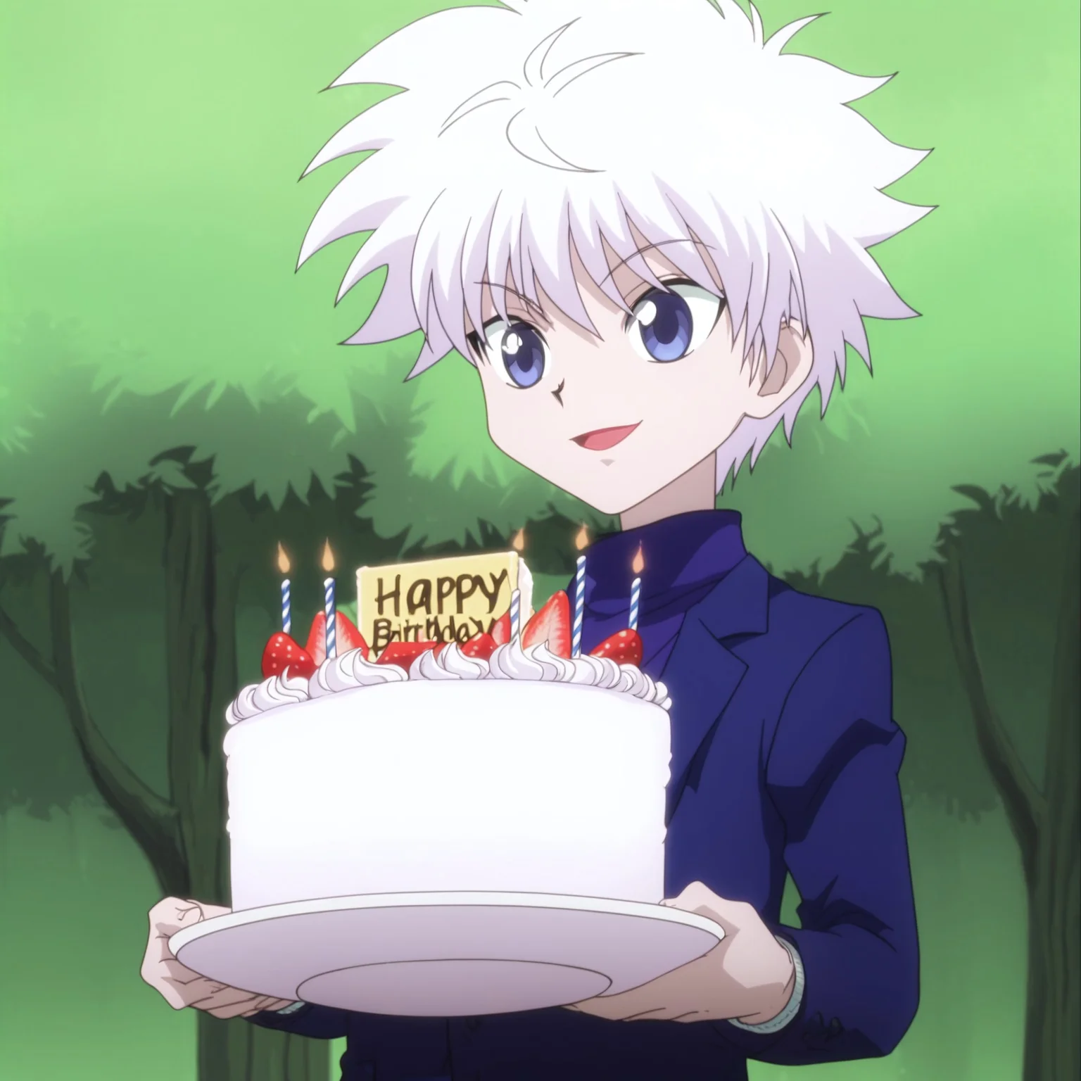 score_9, score_8_up, score_7_up BREAK masterpiece, newest, Highly detailed, zzHoldingCake, cake, birthday cake, happy birthday, 1boy, anime screencap, anime coloring, forest background, 1boy, solo, male focus, <lora:killua_zoldyck_pony:0.76>, killua_zoldyck, white hair, blue eyes, blazer, <lora:HoldingCakePDXL:1>