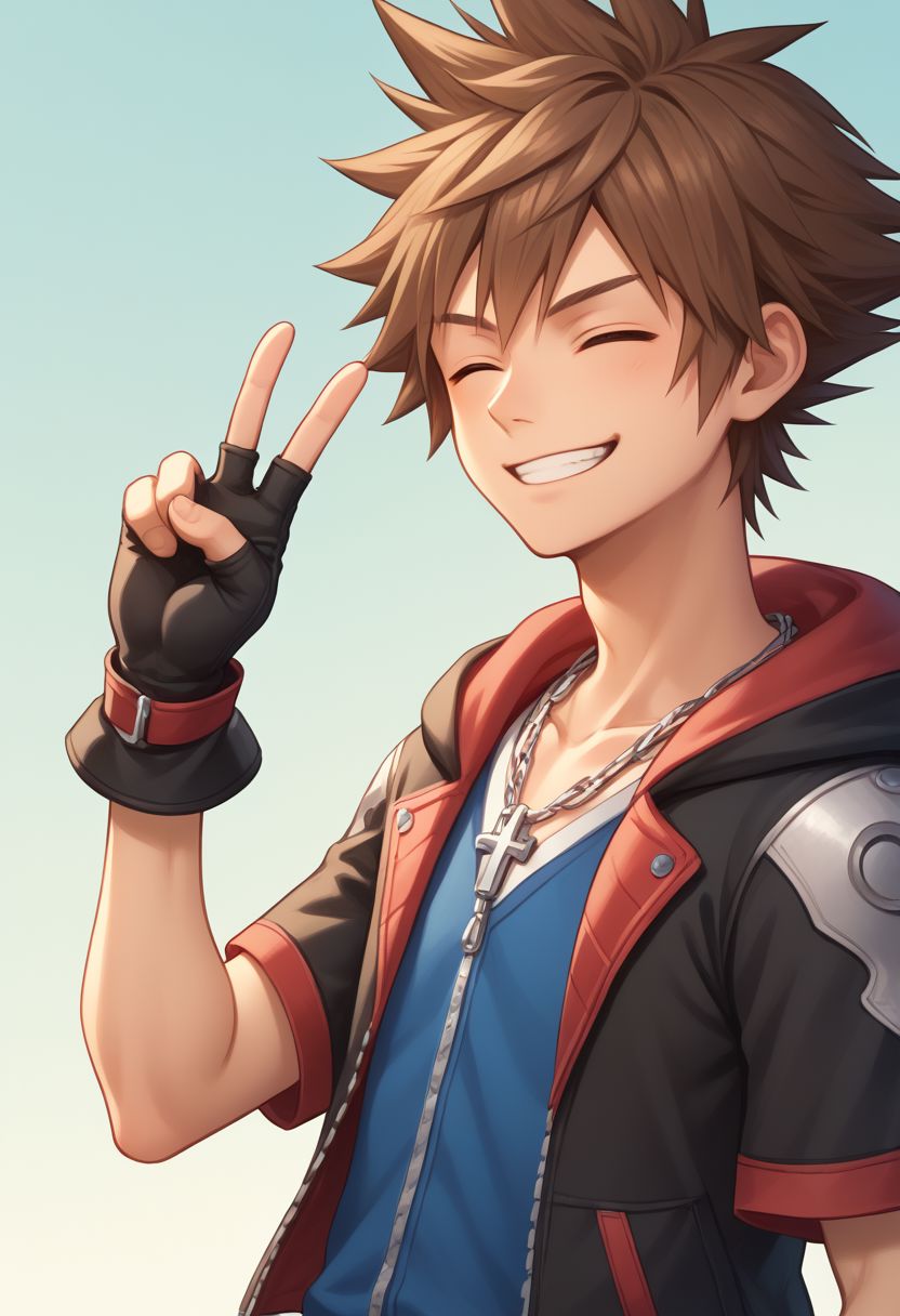 score_9, score_8_up, source_anime, highly detailed, 1boy, solo, male_focus slender, skinny, 
sora, fingerless gloves, 1boy, male focus, spiked hair, blue eyes, solo, gloves, necklace, brown hair, hood, upper body, short sleeves, closed eyes, smirk, happy, v sign,
outdoor,