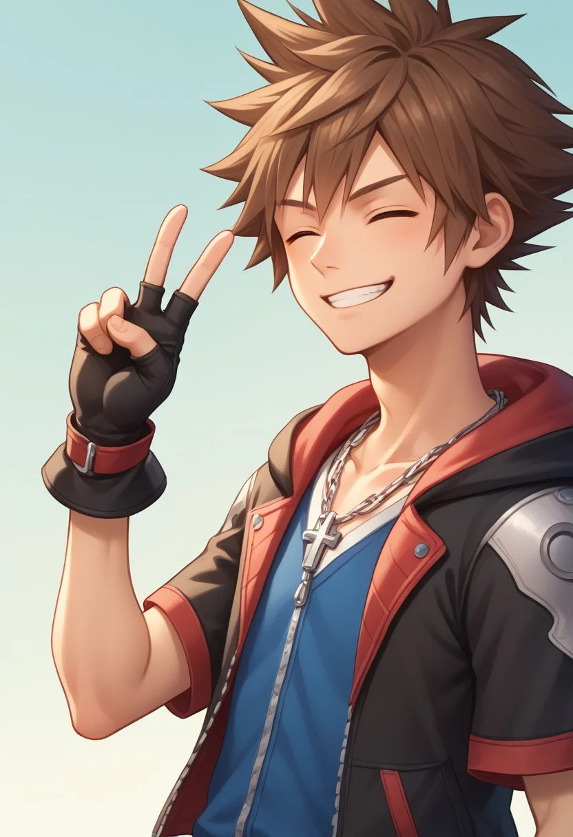 score_9, score_8_up, source_anime, highly detailed, 1boy, solo, male_focus slender, skinny,
sora, fingerless gloves, 1boy, male focus, spiked hair, blue eyes, solo, gloves, necklace, brown hair, hood, upper body, short sleeves, closed eyes, smirk, happy, v sign,
outdoor,