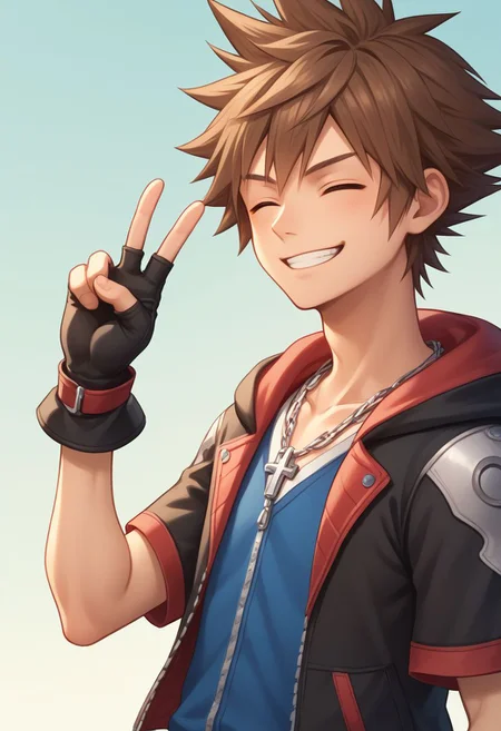 score_9, score_8_up, source_anime, highly detailed, 1boy, solo, male_focus slender, skinny,
sora, fingerless gloves, 1boy, male focus, spiked hair, blue eyes, solo, gloves, necklace, brown hair, hood, upper body, short sleeves, closed eyes, smirk, happy, v sign,
outdoor,