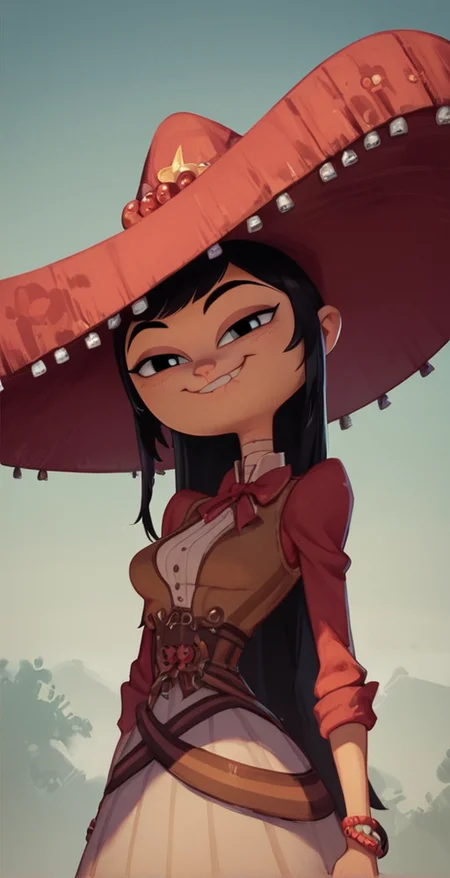 score_9,score_8_up,score_7_up,score_6_up, solo, 1girl, hat, black hair, looking at viewer, smug, nose, <lora:Adelita_Sánchez_Pony_XL_Book_of_Life:1>
