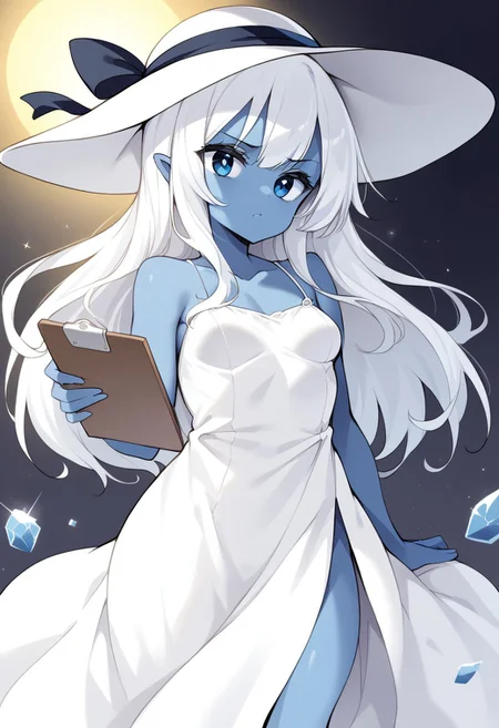 score_9, score_8_up, score_7_up, score_6_up, (blue_skin:1.2), white_hair, straight_hair, small_breasts, slim, sun_hat, white_dress, serious_expression, clipboard, ice_crystals, professional_pose, focused_gaze
