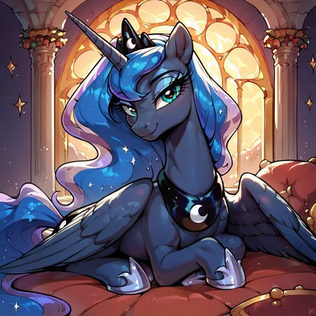 masterpiece, score_9, score_8_up, score_7_up, (best quality:1.1), ultra-detailed, high resolution, 1character, Princess Luna, (((beautiful detailed eyes))), Long eyelashes, Looking At Viewer, Highly Visible, (((8k))), Source_anime, feral, pony, alicorn, female, wings, royal, Lounging On Bed On Side, Looking At Viewer, Bedroom Eyes, Smirk, sharp focus, perfect lighting, beautiful eyes, long eyelashes, anatomically correct, extremely detailed, shine on body, high detail, cute face, Expressiveh, detailed background, OverallDetail, zPDXL2