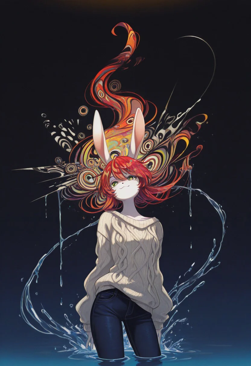 (masterpiece, gradient, recent, good_quality, high_quality, newest, very aesthetic, vibrant_background, abstract_background, colorful, surreal, anime_coloring:1, vectortrace:1, flat_colors:1,rabbit girl,furry,red hair,white rabbit ear,solo,add detailed eyes,green eyes,dressed,happy,long hair,roll-up sweater,jeans,BV-Illu,Dynamic pose, midnight blue gradient background, water,late night,upper body,