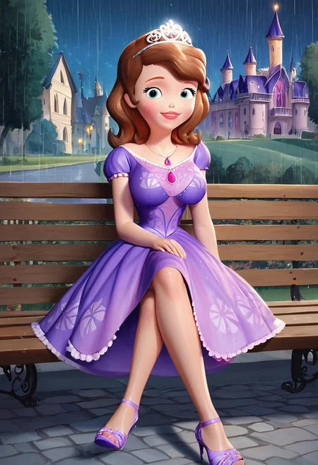 score_up_8, score_up_9, 1girl, violet dress, minidress, sofia_the_first, tiara, necklace, brown hair, large breasts,background near castle, rain, night sky, at park, sitting on bench, looking at viewer, huge cleavage, seducative smile,crossed legs, high heels,completely wet dress,sex provocation pose,
