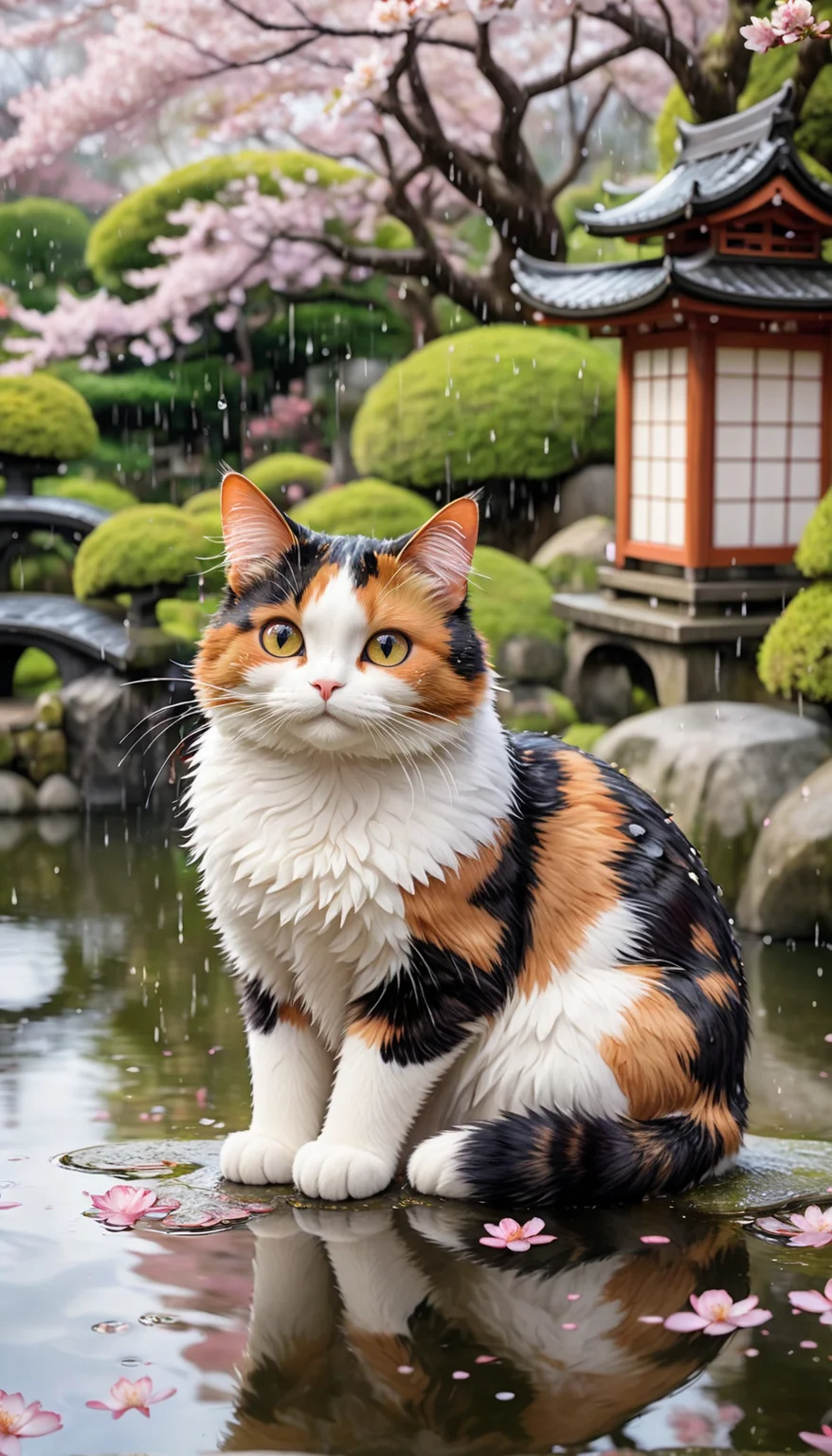 Anime style, Studio Ghibli inspired, beautiful calico cat enjoying the rain, traditional Japanese garden background, detailed cherry blossoms, serene pond, vibrant colors, peaceful atmosphere, soft lighting, whimsical and cultural, gentle rain, high contrast, intricate textures
