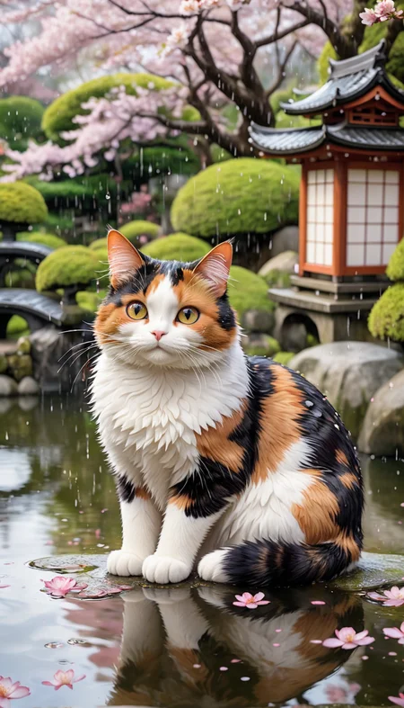 Anime style, Studio Ghibli inspired, beautiful calico cat enjoying the rain, traditional Japanese garden background, detailed cherry blossoms, serene pond, vibrant colors, peaceful atmosphere, soft lighting, whimsical and cultural, gentle rain, high contrast, intricate textures