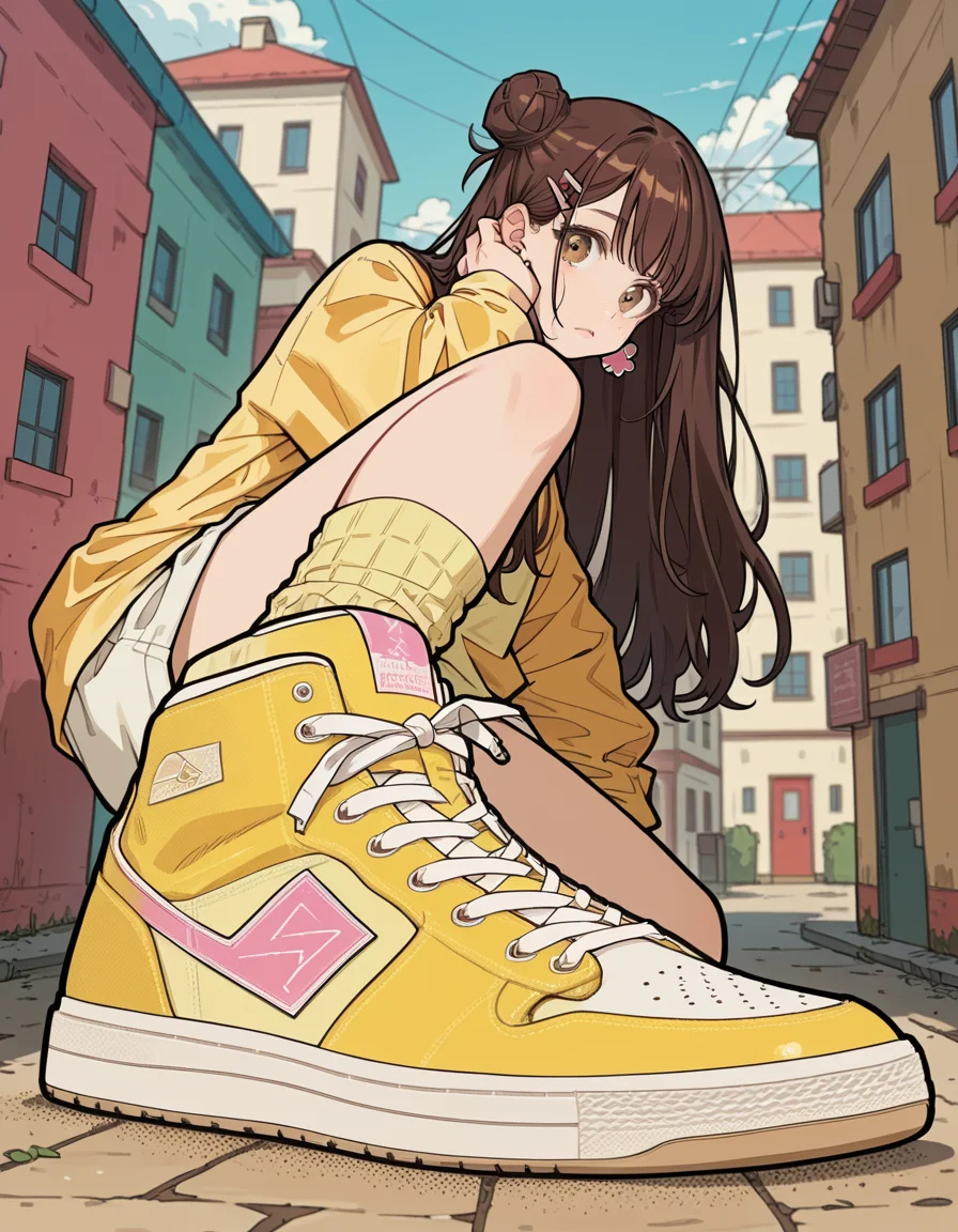 score_9, score_8_up, score_7_up, score_6_up, score_5_up, score_4_up, hud_sh03_sh0w, 1girl, solo, Pink , Short Boots, Yellow polo shirt, white Bermuda shorts, pastel striped socks, and white canvas sneakers, Luminary, Short, Lean, Round Face, Tan Skin, Brunette Hair, Hazel Eyes, [[Curved Nose]], Thick Lips, Sharp Chin, Long Hair, Coarse Hair, Donut Bun, perky breasts, Clip-on earrings, pink velvet lipstick, Elegant equestrian center foreshortening, looking at viewer, <lora:showinshoes:0.8>, outdoors,