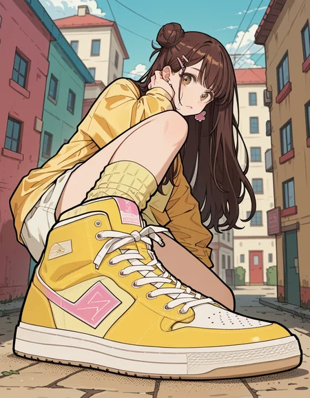 score_9, score_8_up, score_7_up, score_6_up, score_5_up, score_4_up, hud_sh03_sh0w, 1girl, solo, Pink , Short Boots, Yellow polo shirt, white Bermuda shorts, pastel striped socks, and white canvas sneakers, Luminary, Short, Lean, Round Face, Tan Skin, Brunette Hair, Hazel Eyes, [[Curved Nose]], Thick Lips, Sharp Chin, Long Hair, Coarse Hair, Donut Bun, perky breasts, Clip-on earrings, pink velvet lipstick, Elegant equestrian center foreshortening, looking at viewer, <lora:showinshoes:0.8>, outdoors,