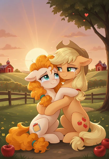 score_9, score_8_up, score_7_up, score_6_up, score_5_up, score_4_up, pony, duo, Applejack and Pear Butter, outdoors, full body, smile, cry, tears of happiness, hug, half-lidded eyes, floppy ears, ears fluff, chest fluff, hoof fluff
looking at each other, sunset, volumetric lighting, apple farm, barn in the background, golden rays, hearts in the air, cuteness, mlp, show accurate