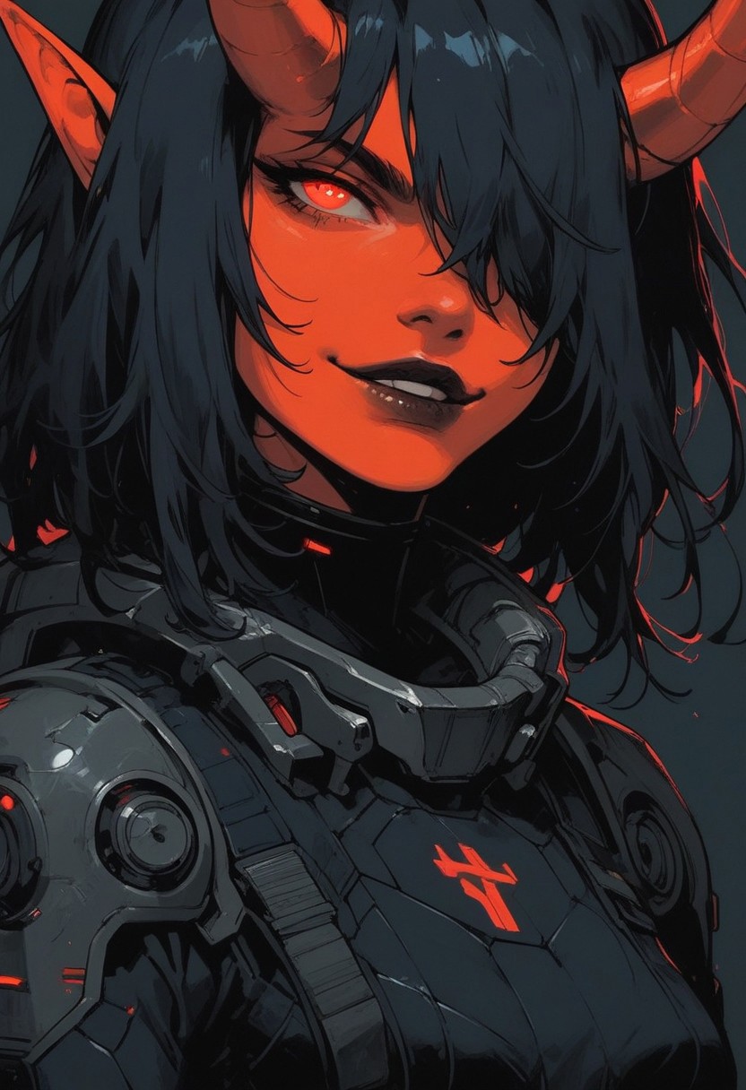 score_9, score_8_up, score_7_up, score_6_up, gundamwingcockpit, demon, horns, futuristic, scifi, red plugsuit, small breasts, solo, medium hair, hair over one eye, gloves, g0thicPXL, dutch angle, smirk, technology, glowing, neon, holographic display, sinozick style, orange skin, dark lips, close up