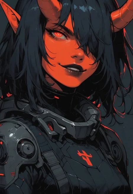 score_9, score_8_up, score_7_up, score_6_up, gundamwingcockpit, demon, horns, futuristic, scifi, red plugsuit, small breasts, solo, medium hair, hair over one eye, gloves, g0thicPXL, dutch angle, smirk, technology, glowing, neon, holographic display, sinozick style, orange skin, dark lips, close up
