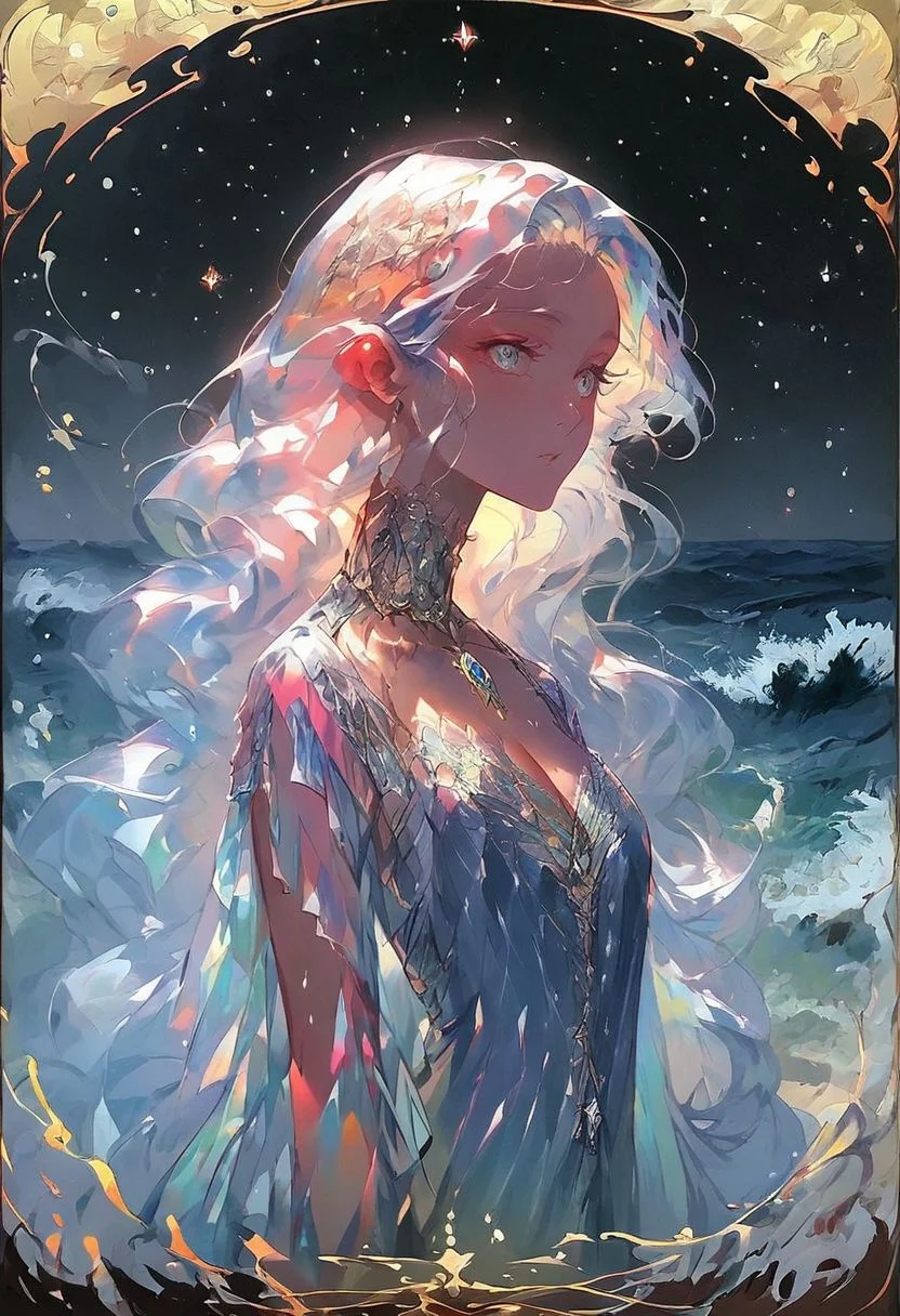 score_9, score_8_up, score_7_up, score_6_up,
(high quality, detailed, beautiful), very long hair hair, silver hair, shiny hair hair, cleavage, makeup, eyeliner, sheer silver blue robe, flowing robe, holding conch shell, dreamy eyes barely open, card border, roman numerals, Tarot Card, her long hair turns to waves as it cascades out behind her, waves background, detailed seascape background, crashing waves, rocks, dark night sky, elaborate geometric design, stars reflecting, thick ink, dark lines, flowing water border, ocean, seascape, TarotCard Style, lks73zb1