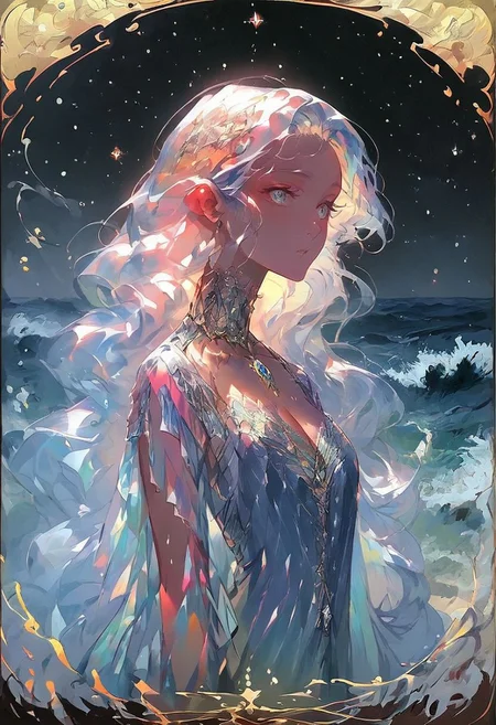 score_9, score_8_up, score_7_up, score_6_up,
(high quality, detailed, beautiful), very long hair hair, silver hair, shiny hair hair, cleavage, makeup, eyeliner, sheer silver blue robe, flowing robe, holding conch shell, dreamy eyes barely open, card border, roman numerals, Tarot Card, her long hair turns to waves as it cascades out behind her, waves background, detailed seascape background, crashing waves, rocks, dark night sky, elaborate geometric design, stars reflecting, thick ink, dark lines, flowing water border, ocean, seascape, TarotCard Style, lks73zb1