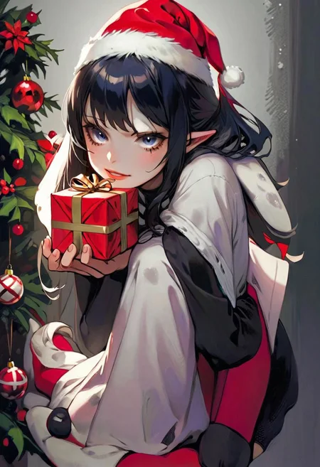 1girl
holding a gift
happy
bangs
stocking,
anime,
Christmas