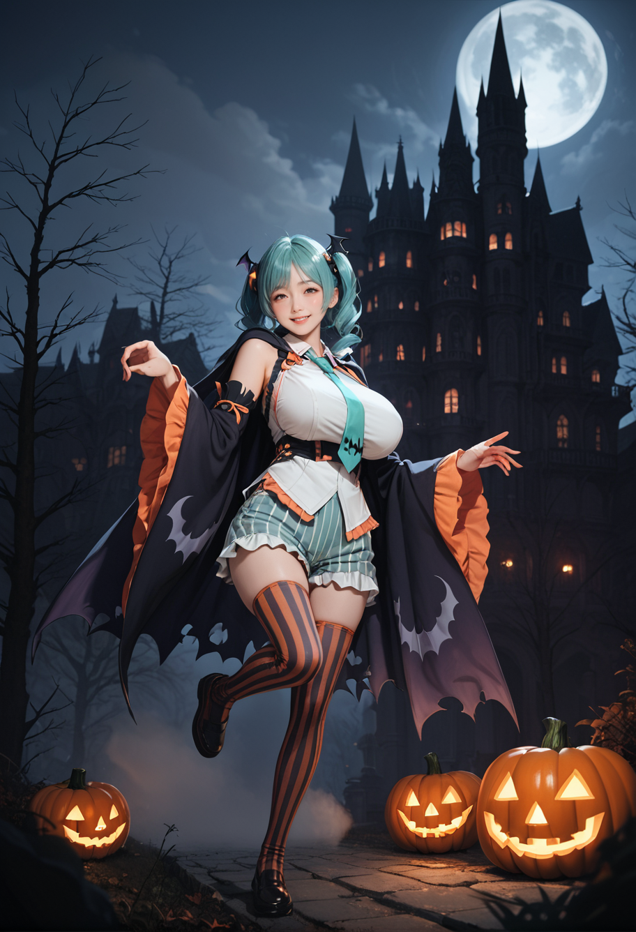 ,ruanyi1063,bare tree,castle,fog,night,dark,moon,
1girl,flying witch,jack-o'-lantern,bat \(animal\),,ruanyi1053,aqua necktie,cape,detached sleeves,frills,halloween costume,vertical-striped thighhighs,vertical-striped shorts,wide sleeves,<lora:1063 castle_v1_pony:0.7>,<lora:1053 halloween costume_v1_pony:0.7>, score_9, score_8_up, score_7_up, score_6_up, score_9, score_8_up, score_7_up, score_6_up source_anime, blush, 1girl, seduce smile, perfect body , natural huge breasts