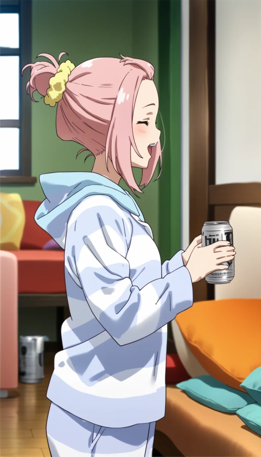 score_9,score_8_up,score_7_up,
<lora:yoshinokoharu>,yoshinokoharu,
1girl,solo,pink hair,short hair,forehead,updo,yellow scrunchie,closed eyes,blush,open mouth,happy,pajamas,portrait,from side,holding a beer can,
indoors,wooden floor,living room,