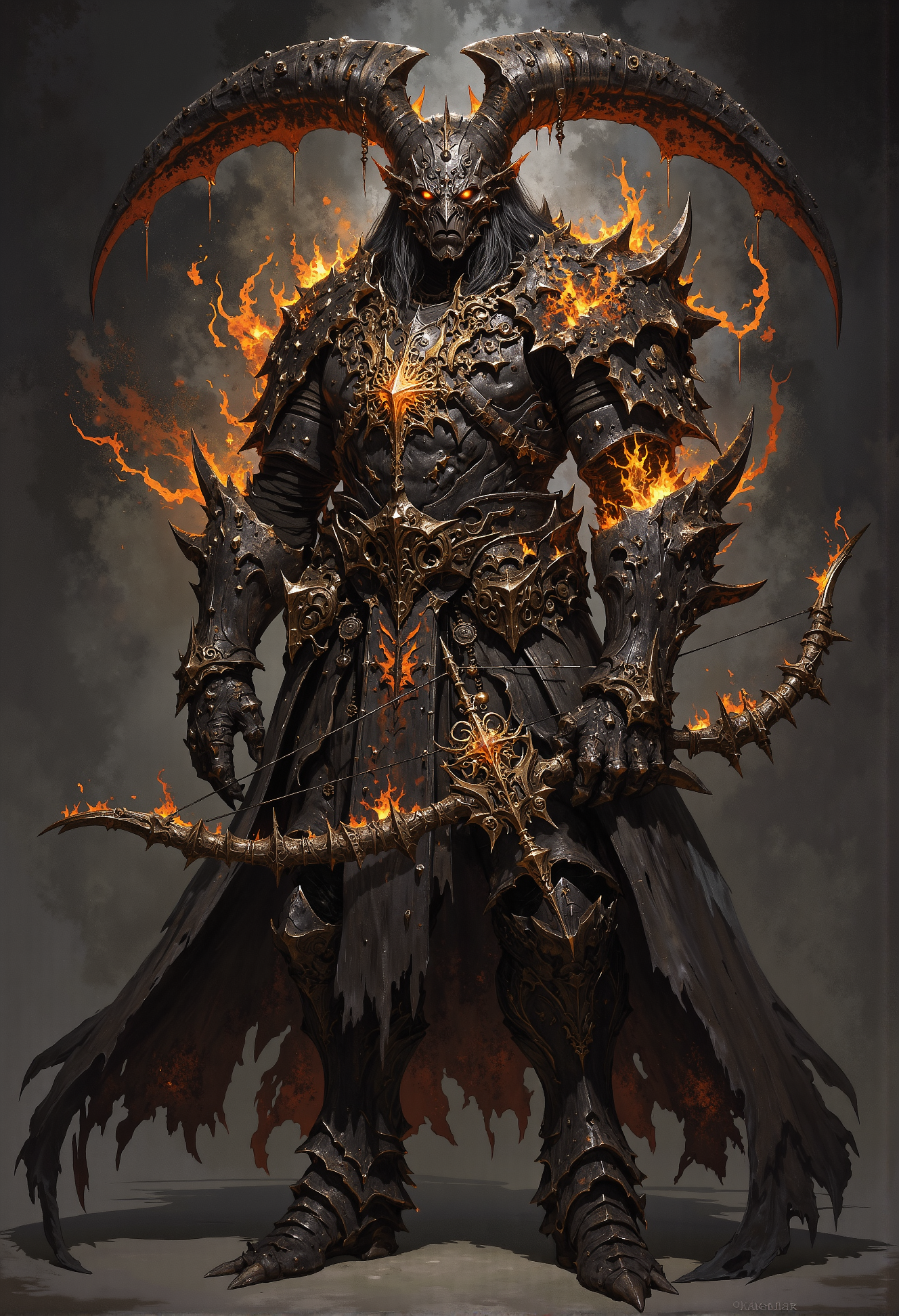 Demon hunter, glowing crossbow, scarred armor, burning sigils, piercing glare <lora:FredFraiStyle-FLUX-Share.safetensors:0.25>,  <lora:Magic_of_Art_\(FLUX\).safetensors:0.25>, <lora:Elden_Ring_-_Yoshitaka_Amano.safetensors:0.75>,   <lora:- Flux1 - soothing_atmo_V2.0.safetensors:0.15>,