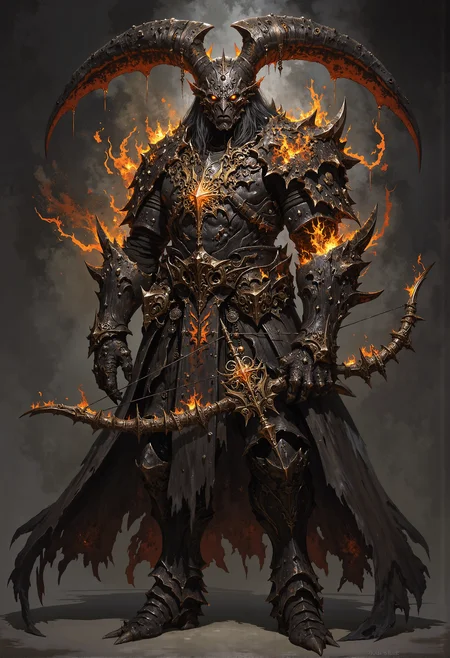Demon hunter, glowing crossbow, scarred armor, burning sigils, piercing glare <lora:FredFraiStyle-FLUX-Share.safetensors:0.25>, <lora:Magic_of_Art_\(FLUX\).safetensors:0.25>, <lora:Elden_Ring_-_Yoshitaka_Amano.safetensors:0.75>, <lora:- Flux1 - soothing_atmo_V2.0.safetensors:0.15>,