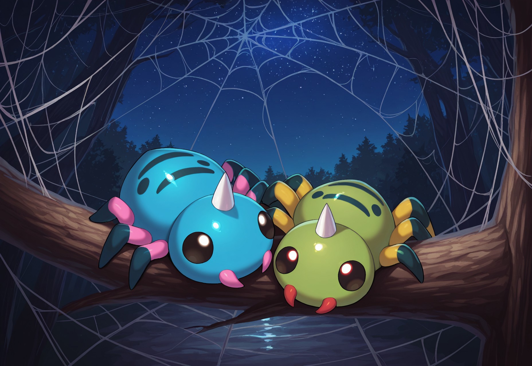 masterpiece, best quality, amazing quality, very aesthetic, absurdres, (other with other:1.6), (multiple others), (((2others:1.6))), (((shiny and normal:1.6))), ([PKMN_Spinarak, 1other, black eyes, single horn, spider,green skin, red fangs, yellow legs, black body markings]). BREAK
([ShinySpinarak, 1other, alternate color, blue skin, red fangs, pink legs, blue body markings,]) BREAK
forest, in tree, perspective, spider web, silk, night, dark, starry sky