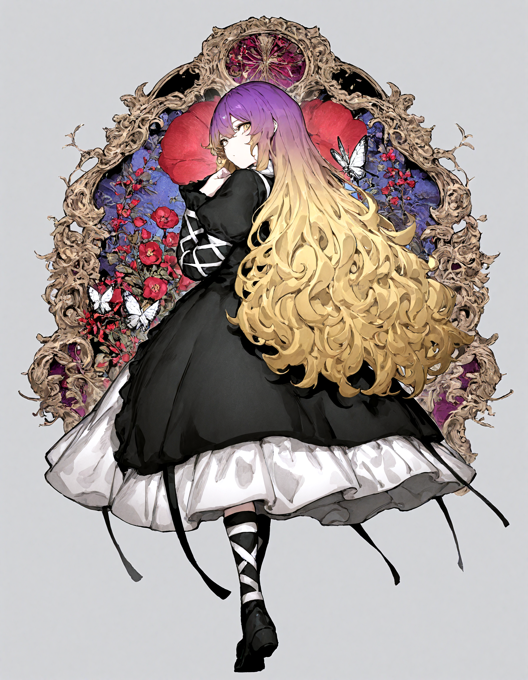 1 girl,, hijiri_byakuren,  1girl ,, black_dress, blonde_hair, bug, ,dress, flower, gradient_hair, juliet_sleeves, long_hair, long_sleeves, looking_back, moth ,multicolored_hair, puffy_long_sleeves ,puffy_sleeves ,purple_hair, red_flower, standing ,very_long_hair ,wavy_hair ,white_background, yellow_eyes,
,Fishine, munakata_(sekimizu_kazuki),dekosukentr,kizuki_aruchu ,ireading,kubo_tite_(style) ,remyaruku65,
,masterpiece, best quality, newest, absurdres, highres,
, <lora:add-detail-xl:0.5>,  <lora:USNR STYLE_XL_loha:0.6>, <lora:cfg_scale_boost:0.4>,
