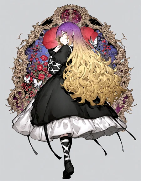 1 girl,, hijiri_byakuren, 1girl ,, black_dress, blonde_hair, bug, ,dress, flower, gradient_hair, juliet_sleeves, long_hair, long_sleeves, looking_back, moth ,multicolored_hair, puffy_long_sleeves ,puffy_sleeves ,purple_hair, red_flower, standing ,very_long_hair ,wavy_hair ,white_background, yellow_eyes,
,Fishine, munakata_(sekimizu_kazuki),dekosukentr,kizuki_aruchu ,ireading,kubo_tite_(style) ,remyaruku65,
,masterpiece, best quality, newest, absurdres, highres,
, <lora:add-detail-xl:0.5>, <lora:USNR STYLE_XL_loha:0.6>, <lora:cfg_scale_boost:0.4>,