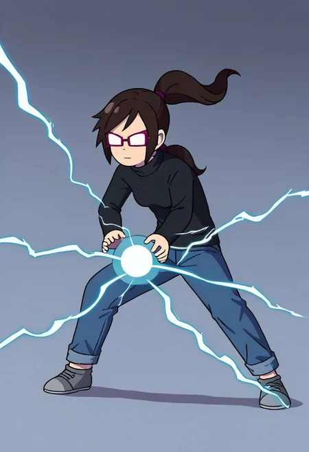 <lora:kamehameha charge stance:0.9> charge stance, kamehameha charge stance, energy ball, aura, electricity, 1girl,
Jenjenrose, GLASSES, NO PUPILS, OPAQUE GLASSES, Brown hair, ponytail,BLACK SWEATER, TURTLENECK,JEANS, GRAY SHOES,Simple art style