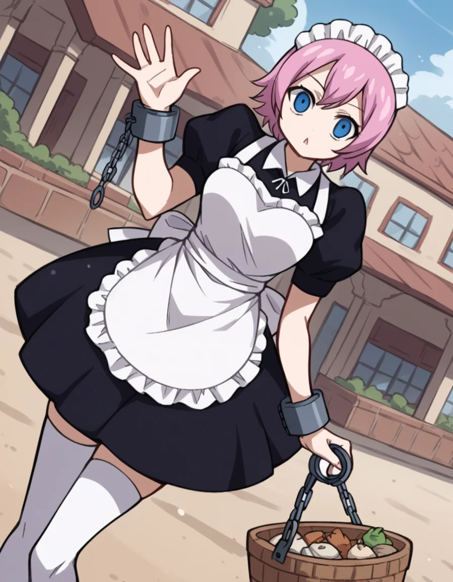 score_9, score_8_up, score_7_up, source_anime, <lora:fairytail-virgo-s7-ponyxl-lora-nochekaiser:1>,, maid virgo, short hair, bangs, blue eyes, pink hair, thighhighs, dress, short sleeves, shoes, puffy sleeves, black footwear, apron, black dress, white thighhighs, puffy short sleeves, zettai ryouiki, maid, maid headdress, white apron, maid apron, cuffs, enmaided, handcuffs,, farmers market, fresh produce, local vendors, baskets, sunny day, community, , looking at viewer, hand waving, solo,, cowboy shot, dutch angle