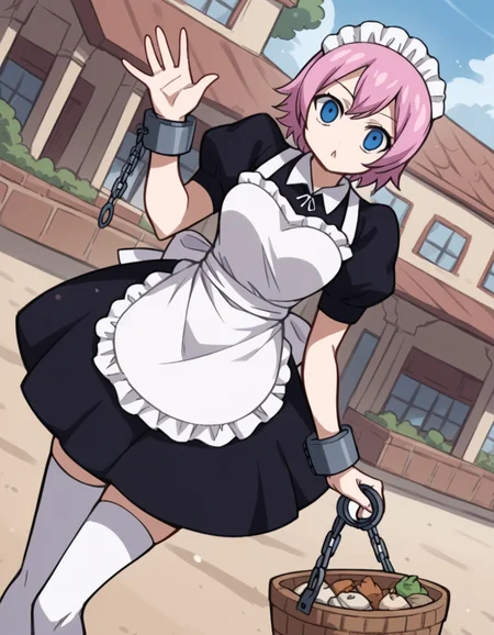 score_9, score_8_up, score_7_up, source_anime, <lora:fairytail-virgo-s7-ponyxl-lora-nochekaiser:1>,, maid virgo, short hair, bangs, blue eyes, pink hair, thighhighs, dress, short sleeves, shoes, puffy sleeves, black footwear, apron, black dress, white thighhighs, puffy short sleeves, zettai ryouiki, maid, maid headdress, white apron, maid apron, cuffs, enmaided, handcuffs,, farmers market, fresh produce, local vendors, baskets, sunny day, community, , looking at viewer, hand waving, solo,, cowboy shot, dutch angle