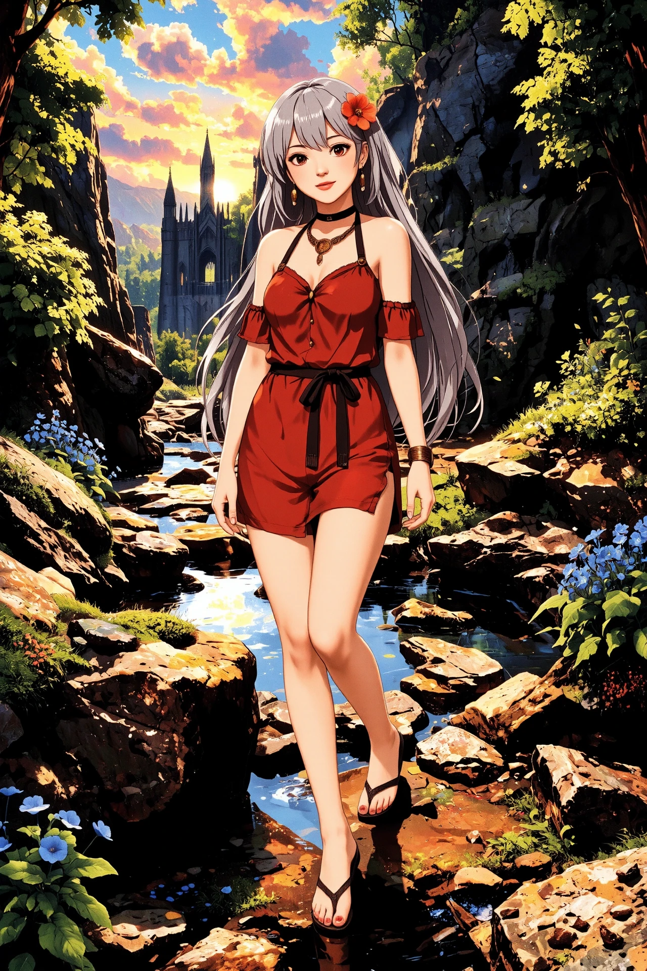 shag gray hair young woman, druid, anime, illustration, extremely detailed, portrait, standing, happy smile, flower in hair, glossy lipstick, celtic necklace, drop earrings, loincloth, sandals,  Bright Red druid short dress, legs, sharp focus, fantasy, celtic landscape, small rock, moss, ripples, reflections, celtic  castle, small river pond, druid forest, druid village, stunning nature environment, enchanted land, clovers, Bright Dazzling Blue flowers, best quality, colorful, wet floor, bright sunny sky, sunset, raytracing, hdr, high contrast, ethereal natural lights, backlight, lens flare, shadows, vibrant colors, colorful, pretty, beautiful, happy, smiling, feminine, sexy, lovely, in love, adorable, fashion,  <lora:Hand v2:1> <lora:Anti-Blur:1><lora:Insane Detail Slider:0.5>  <lora:flux.1_lora_flyway_Epic-detail_v2:0.3><lora:fluxenhancer:0.5> <lora:RetroAnimeFluxV1:0.4> <lora:Luminous_Shadowscape:0.4>