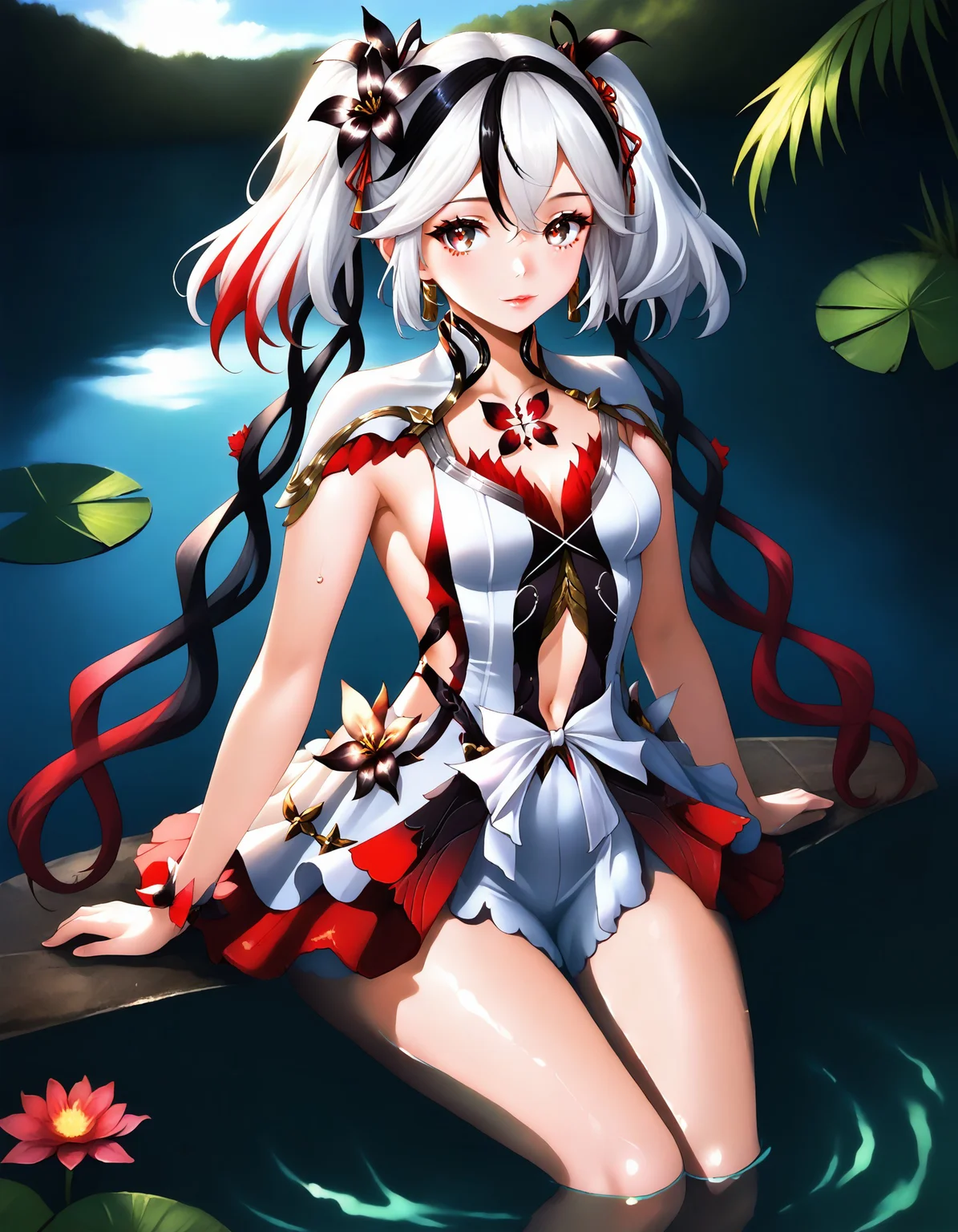 Camellia, solo, black hair, white hair, multicolored hair, hair ornament, dress, navel, twintails, flower, sitting in a lake, legs in water, detailed,