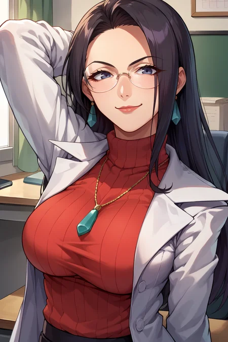 score_9, score_8_up, score_7_up, score_6_up, source_anime, BREAK 1girl, solo, <lora:mkyouko-pdxl-nvwls-v1-000005:1> mkyouko, black hair, glasses, earrings, necklace, labcoat, red sweater, turtleneck, black miniskirt, pantyhose, large breasts, upper body, looking at you, smirk, office, arm behind head