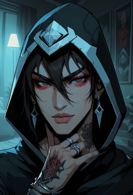 MALE, ONLY MAN, BOY, score_9, score_8_up, score_7_up, score_6_up, gthan, 1BOY, ClassicTalon, male focus, brown hair, brown eyes, hood, hood up, hair between eyes,
gothic, 18 year old, big lips, freckles, bangs, yakuza arm tattoos, makeup, long nails, indoors, smokey black eyeshadow, red eyeshadow, long eyelashes, eyeliner, full lips, close up on face, face close up, perfect hands, seductive smile, rings, bracelet, night,
indoors, looking at viewer, great view, male earrings, portrait, smoke, boy's room, gaming laptop, messy room selfie,