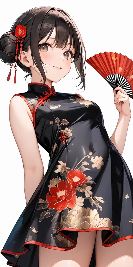 masterpiece,ultra-detailed,best quality,8K,illustration,cute face,clean skin ,shiny hair,girl,simple background
 <lora:add-detail-xl:1> <lora:china dress_XL_V1.0:1.2> jyojifuku, china dress, skirt, double bun, floral print,hand fan