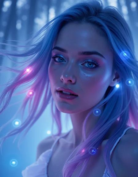 zavy-spctrlglw, Close-up portrait from a slightly low angle, hair flowing ethereally in vibrant luminous shades of blue and violet, set against a misty enchanted forest with soft glowing orbs of light, ethereal and dreamy photography style, featuring a pastel color palette with hints of iridescent highlights.