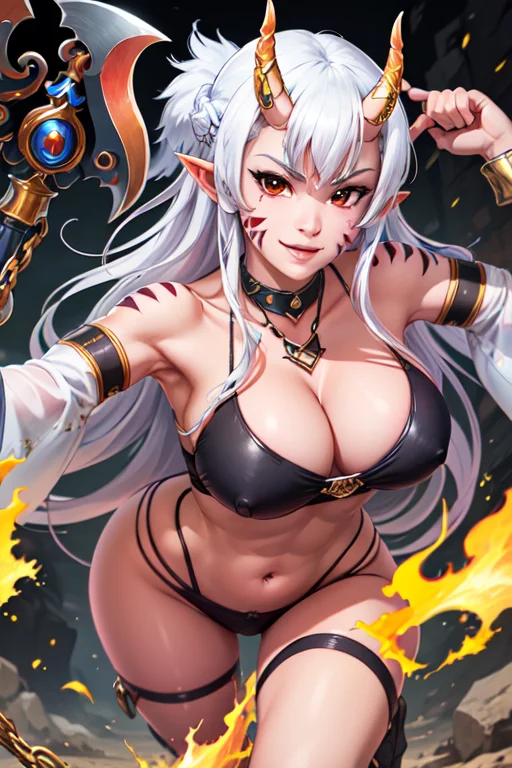<lora:lisa:0.6>lisa,1girl, solo, long hair, breasts, looking at viewer, smile, large breasts, red eyes, navel, holding, weapon, white hair, detached sleeves, horns, pointy ears, holding weapon, chain, facial mark, pink background, oni horns, oni, axe (masterpiece:1.2), (best quality), (ultra detailed), (8k, 4k, intricate),(full-body-shot:1), (highly detailed:1.2),(detailed face:1.2),(detailed background),detailed landscape, (dynamic angle:1.2), (dynamic pose:1.2),