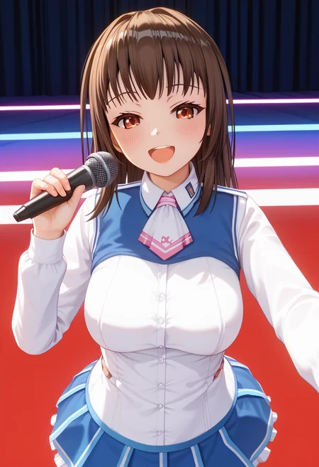 score_9, score_8_up, score_7_up, BREAK source_anime, (masterpiece), (best quality), 1girl, chihara_yukine, schoolgirl outfit, red colored eyes, brown colored hair, singing, grabs microphone, looking at viewer, blush, opened mouth, (ultra detailed), smile, <lora:chihara-local:0.9>, <lora:breasts_size_slider_pdxl_goofy:1.3>, concert stage background