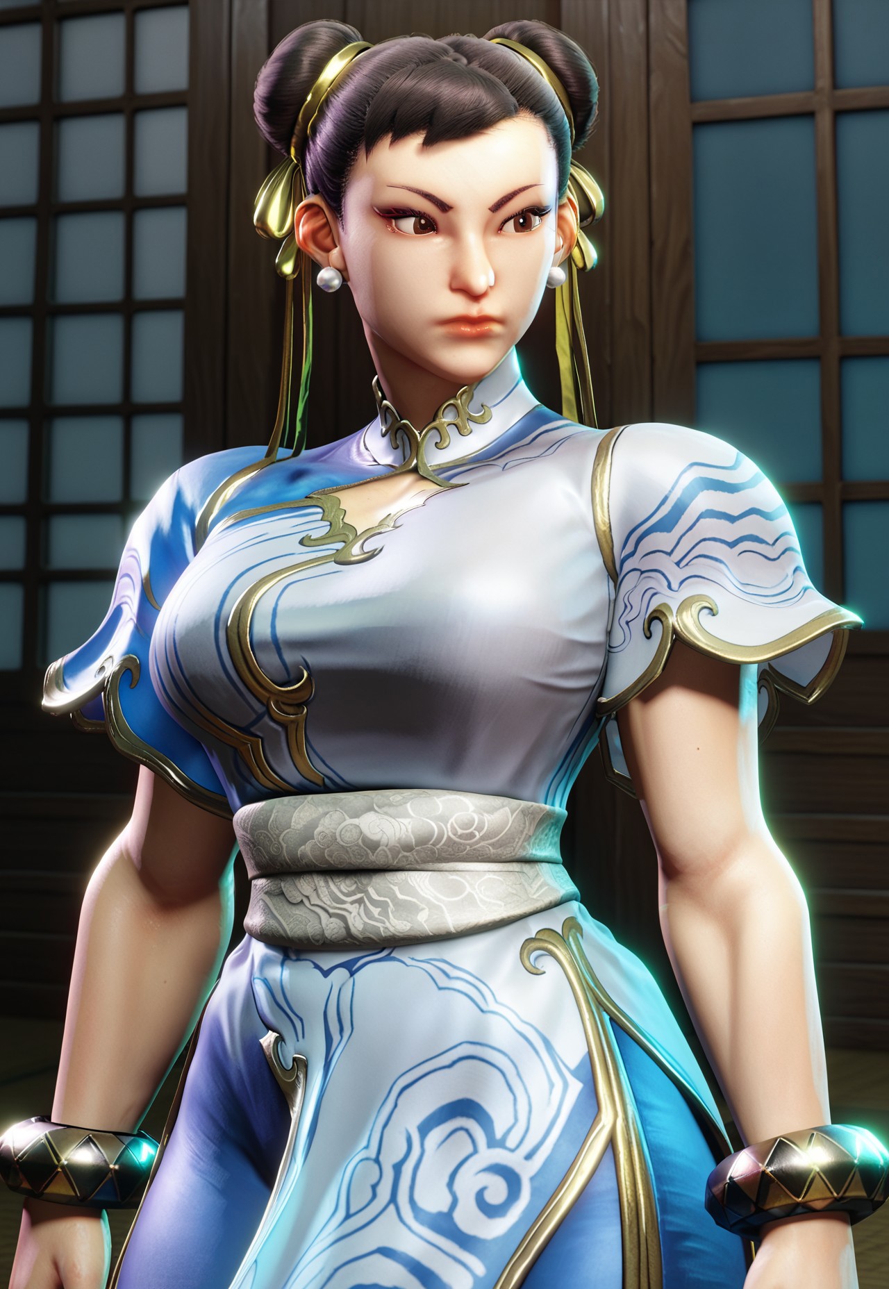 safe_pos, score_9, score_8, score_7, 3D, chun-li, large breasts, toned, pants, sash, white dress, nose, skin tight, red nails, closed mouth, upper body
