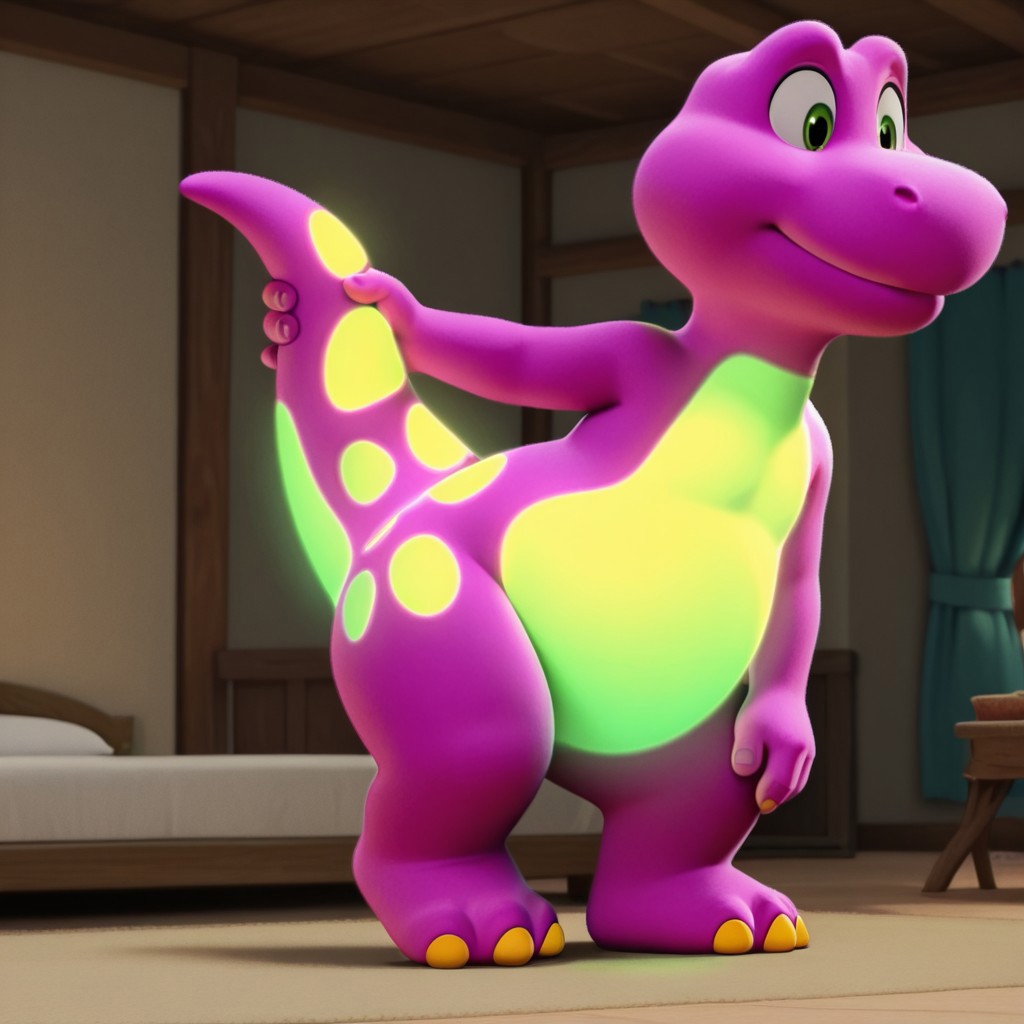 ((masterpiece, best quality, amazing quality,)) Barneybwil, semi-anthro, male, dinosaur, purple skin, green eyes, solo, inside, full body, glowing belly, glowing spots, holding own tail