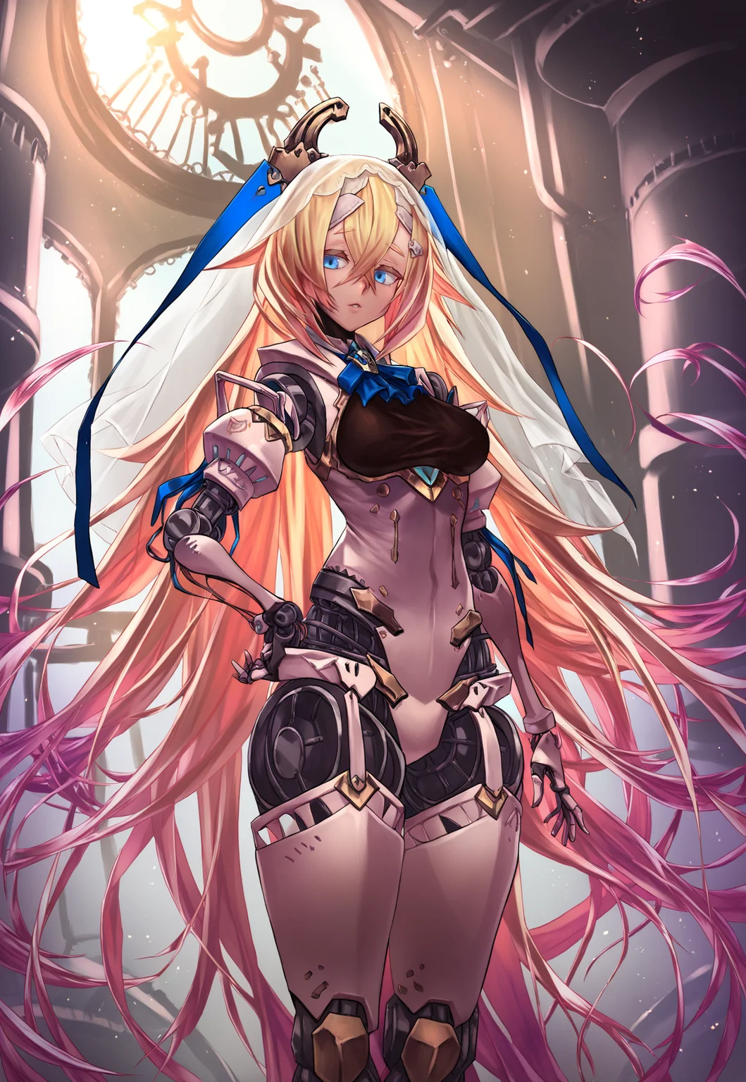 asanagi,  (score_9, score_8_up, score_7_up, :1.2)  detailed, highres, absurdres, a girl standing indoors, 1girl,   solo, standing, looking at viewer,  hand on hip, contrapposto , indoors,
robot joints, long hair, joints, blonde hair, android, breasts,very long hair, blue eyes,mechanical legs, mechanical parts, hair between eyes, medium breasts, halo, multicolored hair, headgear, gradient hair, robot, pink hair, ribbon, bangs, bow, jewelry, mechanical arms, gears, blue ribbon, hair ornament, mecha musume, cyborg, mechanical halo, bridal veil, doll joints, colored skin, garter straps, mechanical hips, bodysuit, 
[[hands]], rating_safe   <lora:sdxl_asanagi_v1:0.4>    <lora:LimoniaPonyTest:1>